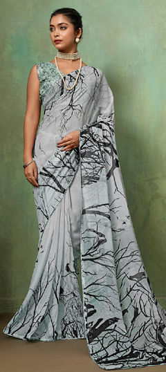 Black and Grey color Saree in Georgette fabric with Printed work