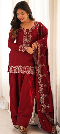 Red and Maroon color Salwar Kameez in Roman Silk fabric with Embroidered, Sequence, Zari work