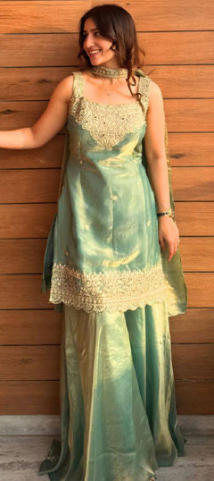 Green color Salwar Kameez in Tissue fabric with Embroidered, Sequence work