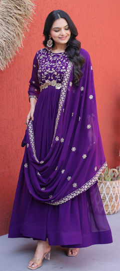 Purple and Violet color Gown in Faux Georgette fabric with Bugle Beads, Embroidered, Sequence, Zari work