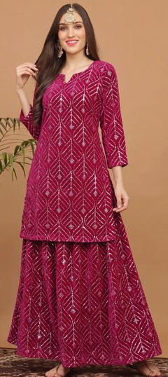 Pink and Majenta color Salwar Kameez in Velvet fabric with Embroidered work