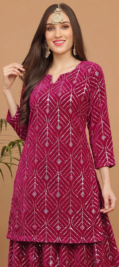 Pink and Majenta color Kurti in Velvet fabric with Embroidered work