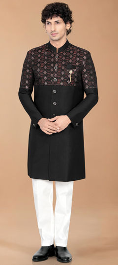Black and Grey color IndoWestern Dress in Silk fabric with Broches, Sequence, Thread work