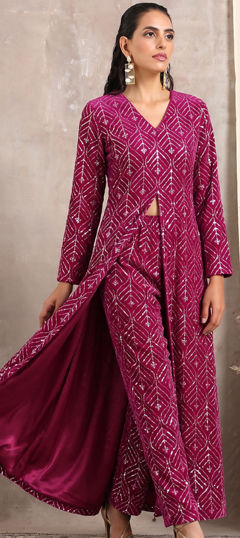 Pink and Majenta color Kurti in Velvet fabric with Embroidered work