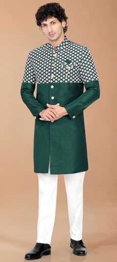 Green color IndoWestern Dress in Silk fabric with Embroidered work