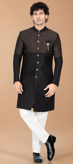 Black and Grey color IndoWestern Dress in Silk fabric with Broches work