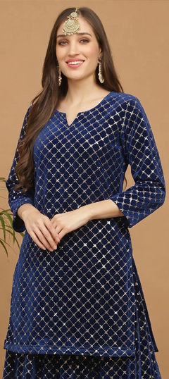 Blue color Kurti in Velvet fabric with Embroidered work