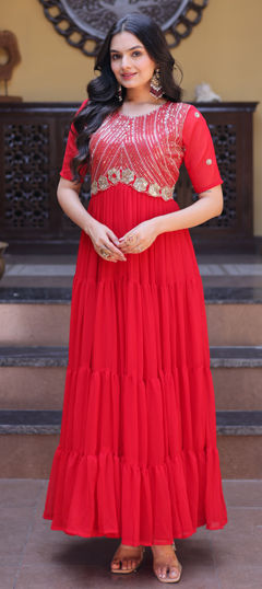 Pink and Majenta color Gown in Faux Georgette fabric with Embroidered, Sequence, Zari work