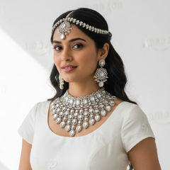 Gold Rodium Polish White and Off White color Necklace in Metal Alloy studded with CZ Diamond