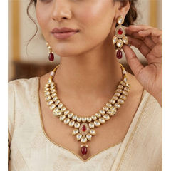 Gold Rodium Polish Red and Maroon color Necklace in Metal Alloy studded with Kundan