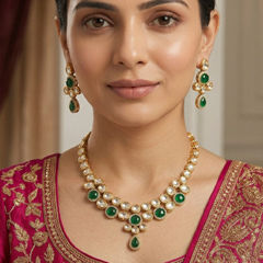 Gold Rodium Polish Green color Necklace in Metal Alloy studded with Kundan
