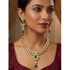 Gold Rodium Polish Green color Necklace in Metal Alloy studded with Kundan