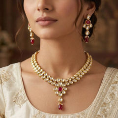 Gold Rodium Polish Red and Maroon color Necklace in Metal Alloy studded with Kundan