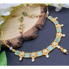 Gold Rodium Polish Green color Necklace in Copper studded with CZ Diamond