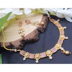 Gold Rodium Polish Pink and Majenta color Necklace in Copper studded with CZ Diamond