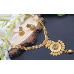 Gold Rodium Polish Green color Necklace in Copper studded with CZ Diamond