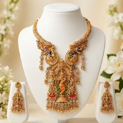 Gold Rodium Polish Multicolor color Necklace in Copper studded with CZ Diamond, Pearl