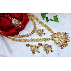 Gold Rodium Polish Green, Pink and Majenta color Necklace in Copper studded with Kundan, Pearl
