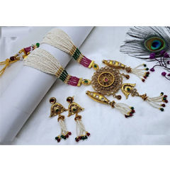 Gold Rodium Polish Green, Red and Maroon color Necklace in Copper studded with Pearl