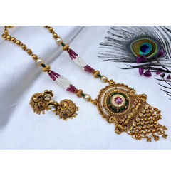 Gold Rodium Polish Green, Pink and Majenta color Necklace in Copper studded with Pearl