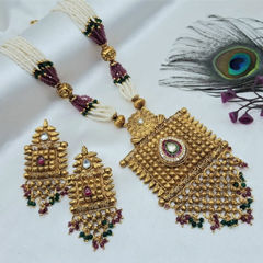 Gold Rodium Polish Green, Red and Maroon color Necklace in Copper studded with Pearl