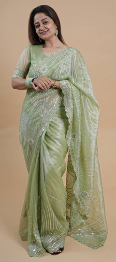 Green color Saree in Tissue fabric with Sequence work