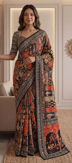 Multicolor color Saree in Chinon Silk fabric with Printed work