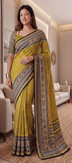 Yellow color Saree in Chinon Silk fabric with Printed work