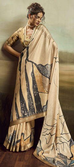 Beige and Brown color Saree in Jacquard fabric with Floral, Weaving work