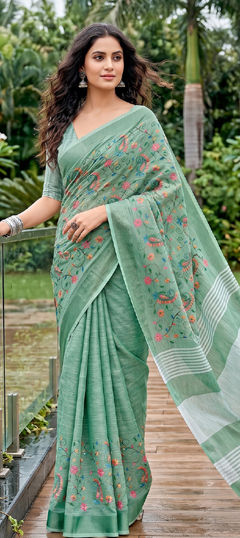 Green color Saree in Linen fabric with Embroidered, Weaving work