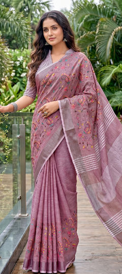 Purple and Violet color Saree in Linen fabric with Embroidered, Weaving work