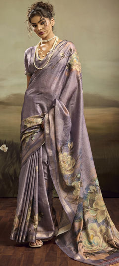 Purple and Violet color Saree in Jacquard fabric with Floral, Printed, Weaving work