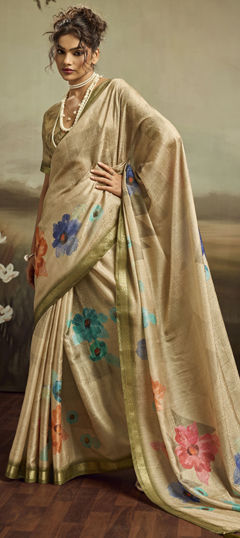 Beige and Brown color Saree in Jacquard fabric with Floral, Printed, Weaving work