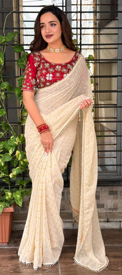 White and Off White color Saree in Georgette fabric with Embroidered, Sequence, Weaving, Zari work