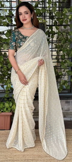 White and Off White color Saree in Georgette fabric with Embroidered, Sequence, Weaving, Zari work