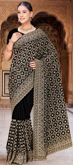 Black and Grey color Saree in Georgette fabric with Embroidered, Zari, Zircon work