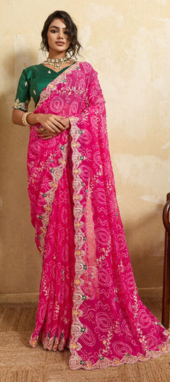 Red and Maroon color Saree in Georgette fabric with Bandhej, Embroidered work