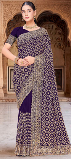 Purple and Violet color Saree in Georgette fabric with Embroidered, Zari, Zircon work