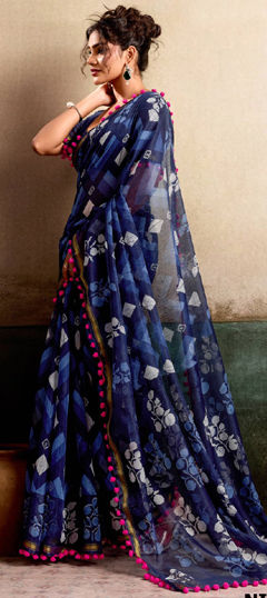 Blue color Saree in Mul Cotton fabric with Printed work