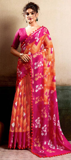 Orange color Saree in Mul Cotton fabric with Printed work