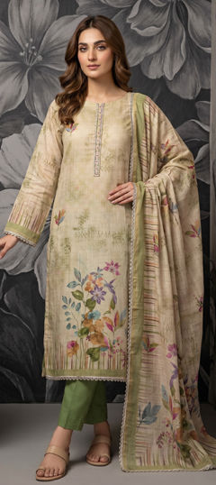 Green color Salwar Kameez in Cotton, Linen fabric with Bugle Beads, Floral, Printed work
