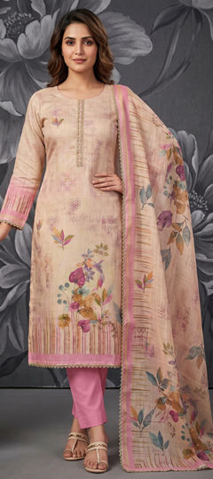 Pink and Majenta color Salwar Kameez in Cotton, Linen fabric with Bugle Beads, Floral, Printed work