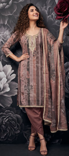 Beige and Brown color Salwar Kameez in Cotton, Linen fabric with Printed work