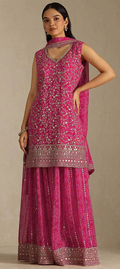 Pink and Majenta color Salwar Kameez in Faux Georgette fabric with Digital Print, Embroidered, Sequence, Zari work