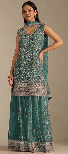 Blue color Salwar Kameez in Faux Georgette fabric with Digital Print, Embroidered, Sequence, Zari work