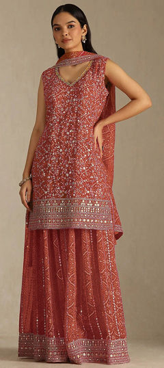 Beige and Brown color Salwar Kameez in Faux Georgette fabric with Digital Print, Embroidered, Sequence, Zari work