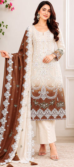Beige and Brown, White and Off White color Salwar Kameez in Georgette fabric with Embroidered, Sequence work