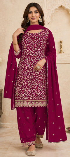 Red and Maroon color Salwar Kameez in Faux Georgette fabric with Embroidered work