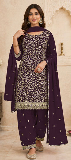 Purple and Violet color Salwar Kameez in Faux Georgette fabric with Embroidered work