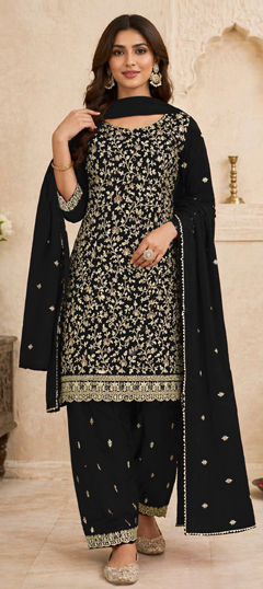 Black and Grey color Salwar Kameez in Faux Georgette fabric with Embroidered work